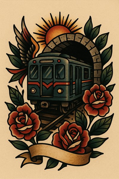 Vintage Train Tattoo Art with Roses and Sun