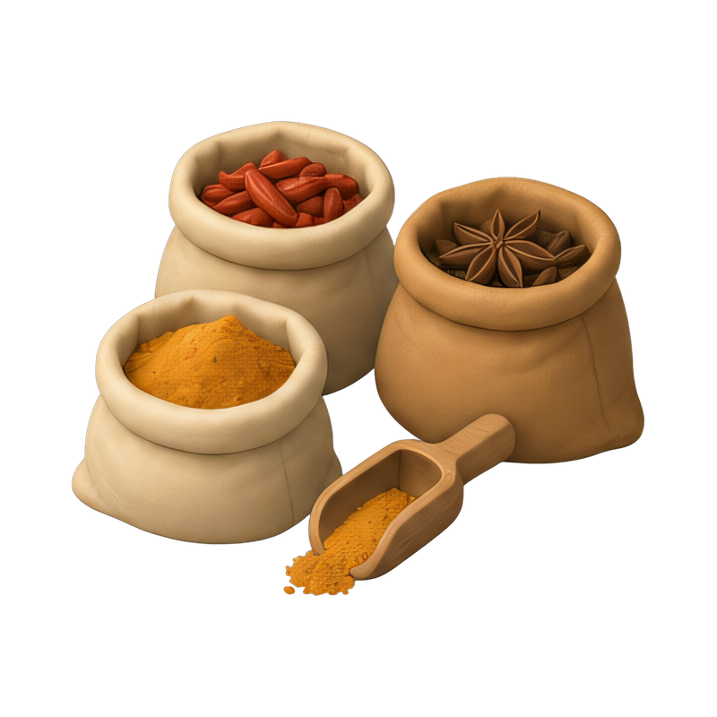 Open spice sacks on table