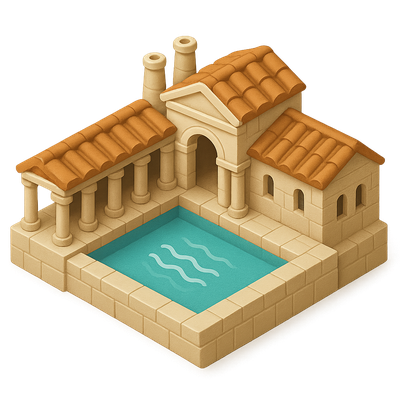 Stylized 3D Roman Bath Complex Icon in Isometric View