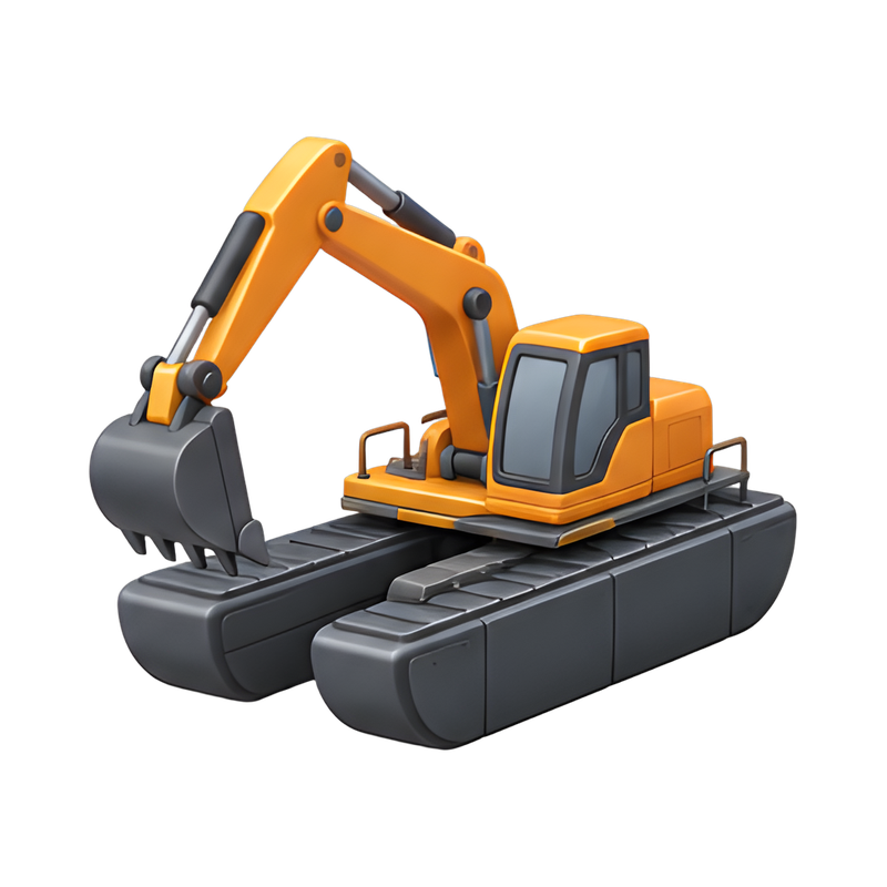 Amphibious excavator on floating pontoons