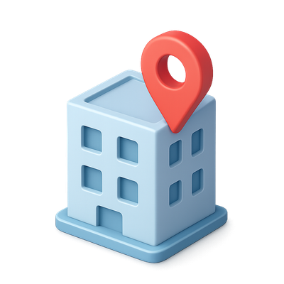 Stylized 3D Building Icon with Location Marker