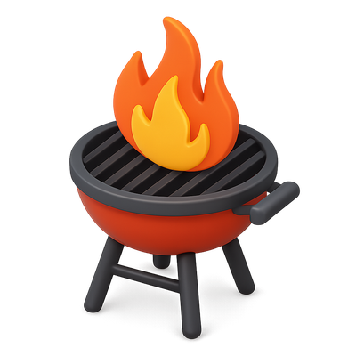 3D Icon of a Flaming Grill with Volumetric Design