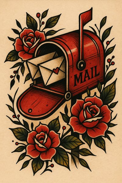 Vintage Mailbox Tattoo Design with Roses