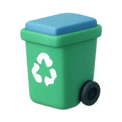 3D Illustration of a Recycling Bin with Lid and Wheels