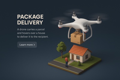 3D Scene of Drone Package Delivery Over House