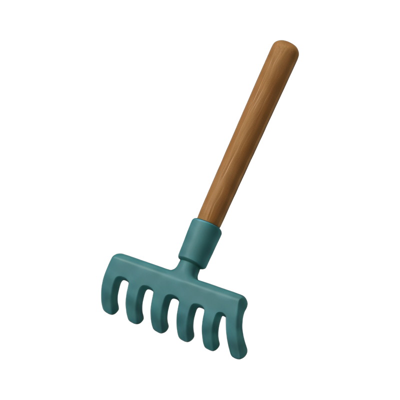 Rake leaning against a fence