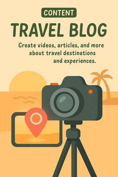 Travel Blog Promotional Graphic Featuring Camera and Sunset