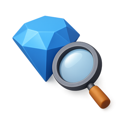 Stylized 3D Gemstone Icon with Magnifying Glass
