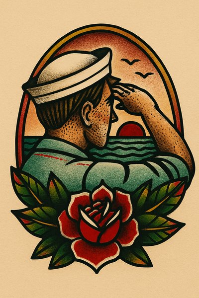 Vintage sailor illustration with sunset and rose