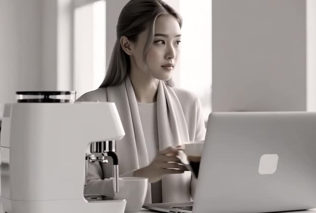Elegant Woman Working with Laptop and Coffee Machine in Modern Office