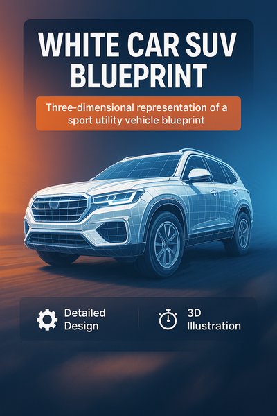 3D Illustration of a White Car SUV Blueprint Design