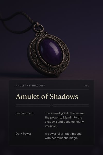 Mystical Amulet of Shadows with Enchantment Details