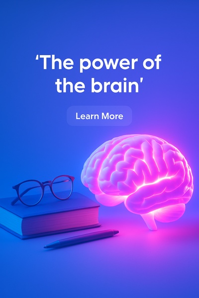 Neon Glow Brain with Surrounding Objects in Blue Background