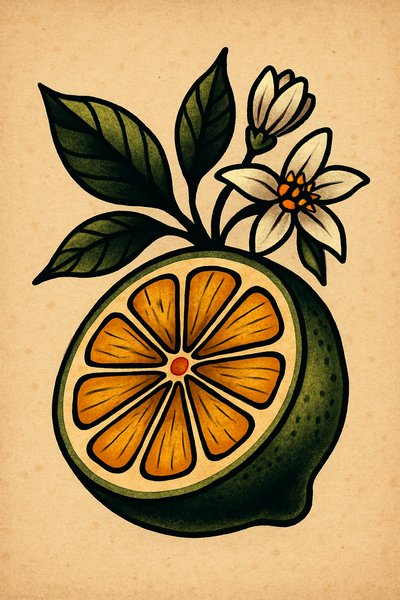 Artistic illustration of a halved lemon with flowers and leaves