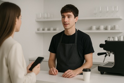 Modern Minimalist Coffee Shop Scene with Barista Taking Order