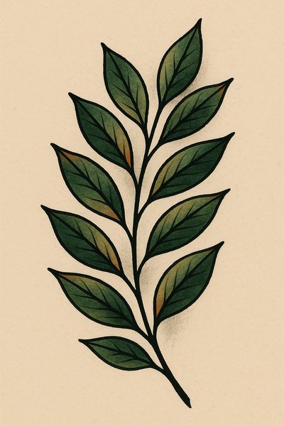 Stylized botanical illustration of a green leaf branch