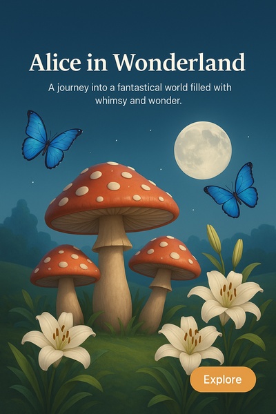 Enchanting Wonderland Landscape with Mushrooms and Butterflies
