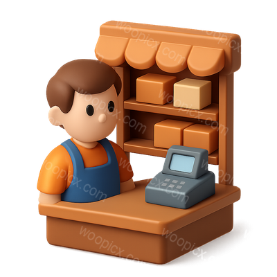 3D Shopkeeper Icon with Counter and Shelves