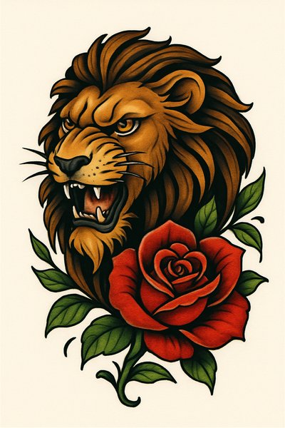 Vibrant Lion and Rose Tattoo Design