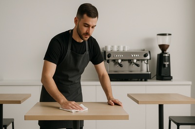 Barista Cleaning Tables in a Minimalist Café Setting