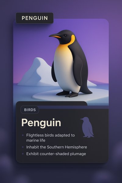 Stylish 3D Penguin Illustration with Informative Blocks