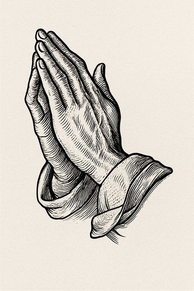 Illustration of Praying Hands in Detailed Ink Style