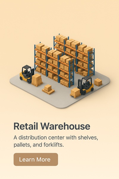Realistic 3D Retail Warehouse with Forklifts and Shelves