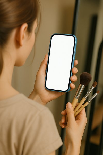 Makeup Artist Holding Phone and Brushes