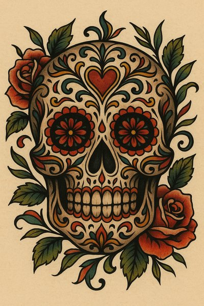 Colorful Day of the Dead Skull Artwork with Roses
