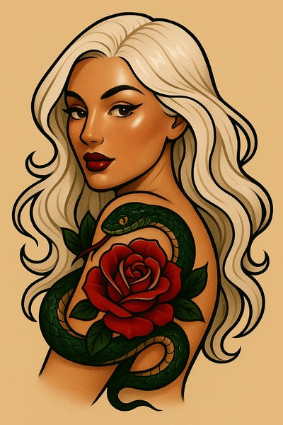 Stylized Tattoo Art Featuring a Woman and a Snake