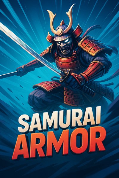 Dynamic Samurai Armor Illustration with Bold Typography