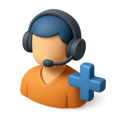 Stylized 3D Headset Icon with Person and Plus Sign