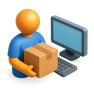 3D Icon of Person with Box Near Computer