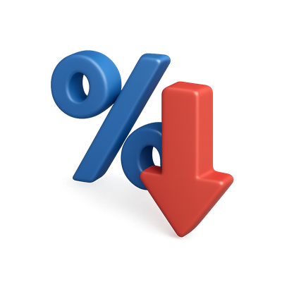 3D Decreasing Percentage Icon with Downward Arrow