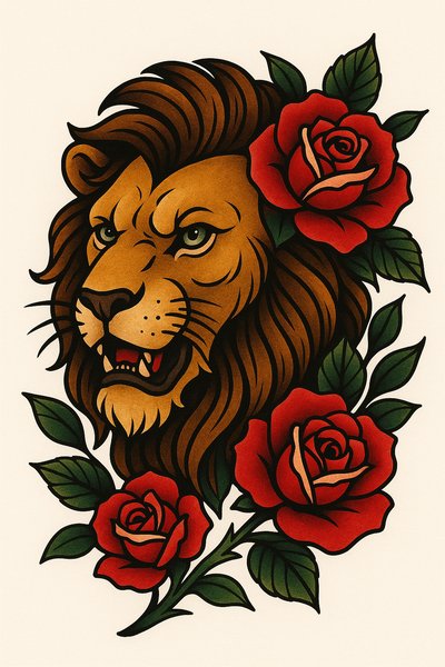 Bold Tattoo Design Featuring a Lion and Roses