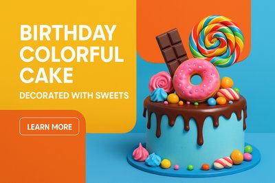 Colorful Birthday Cake Design with Sweets and Typography