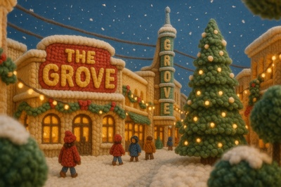 Whimsical Yarn Scene of The Grove, Los Angeles in Snow