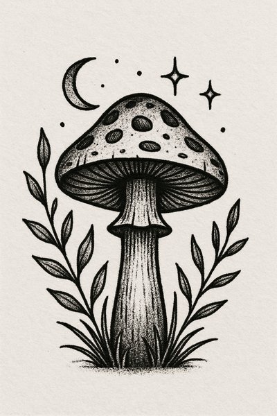 Detailed black and white mushroom illustration with celestial elements