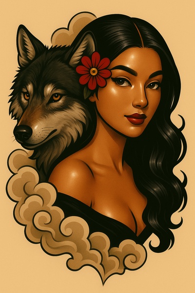 Stylized Tattoo Art of a Woman with a Wolf