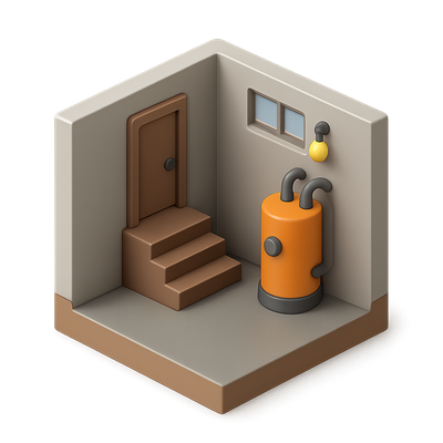 Isometric 3D Basement Icon with Steps and Utilities