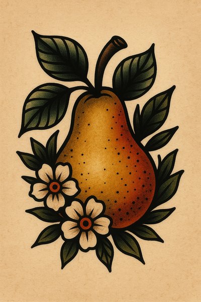 Stylized pear illustration with flowers and leaves