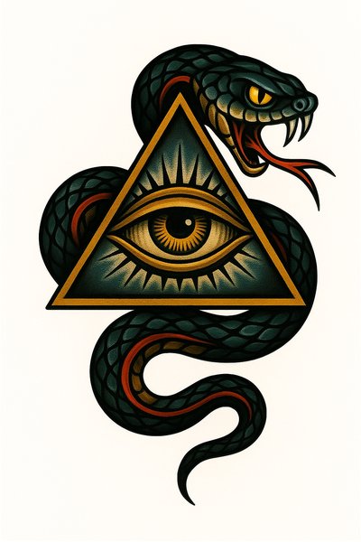 Intricate Eye and Serpent Design with Symbolic Elements