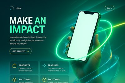 Neon Landing Page Design with Smartphone and Glowing Elements