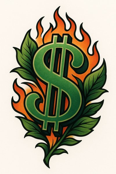 Stylized Dollar Sign with Flames and Leaves
