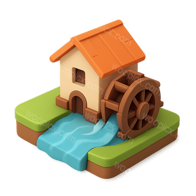 Charming 3D Watermill Icon with River and Wheel