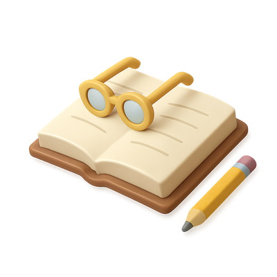 3D Study Icon Featuring Glasses and Pencil