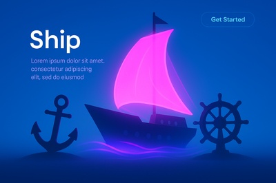 Fluorescent Glow of a Ship in a Blue Background
