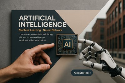AI Interaction: Human and Robot Hands with Technology Elements