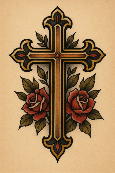 Stylized Cross with Roses Tattoo Design