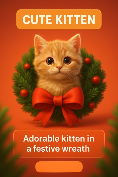 Adorable kitten in a festive wreath graphic for holiday themes
